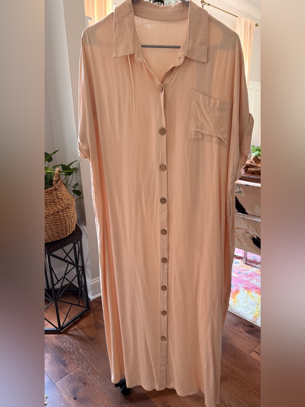 Soft Peach Button-Front Maxi Shirt Dress